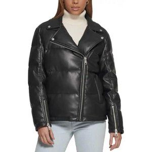 Levi's BLACK Women's Faux Leather Moto Puffer Jacket small NWT